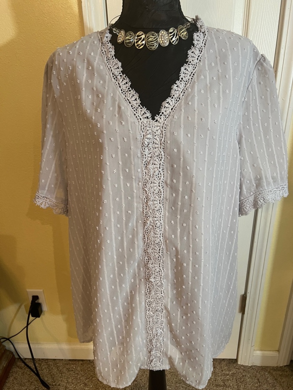 Gray Dot Swiss V-Neck Lace-Trim Blouse